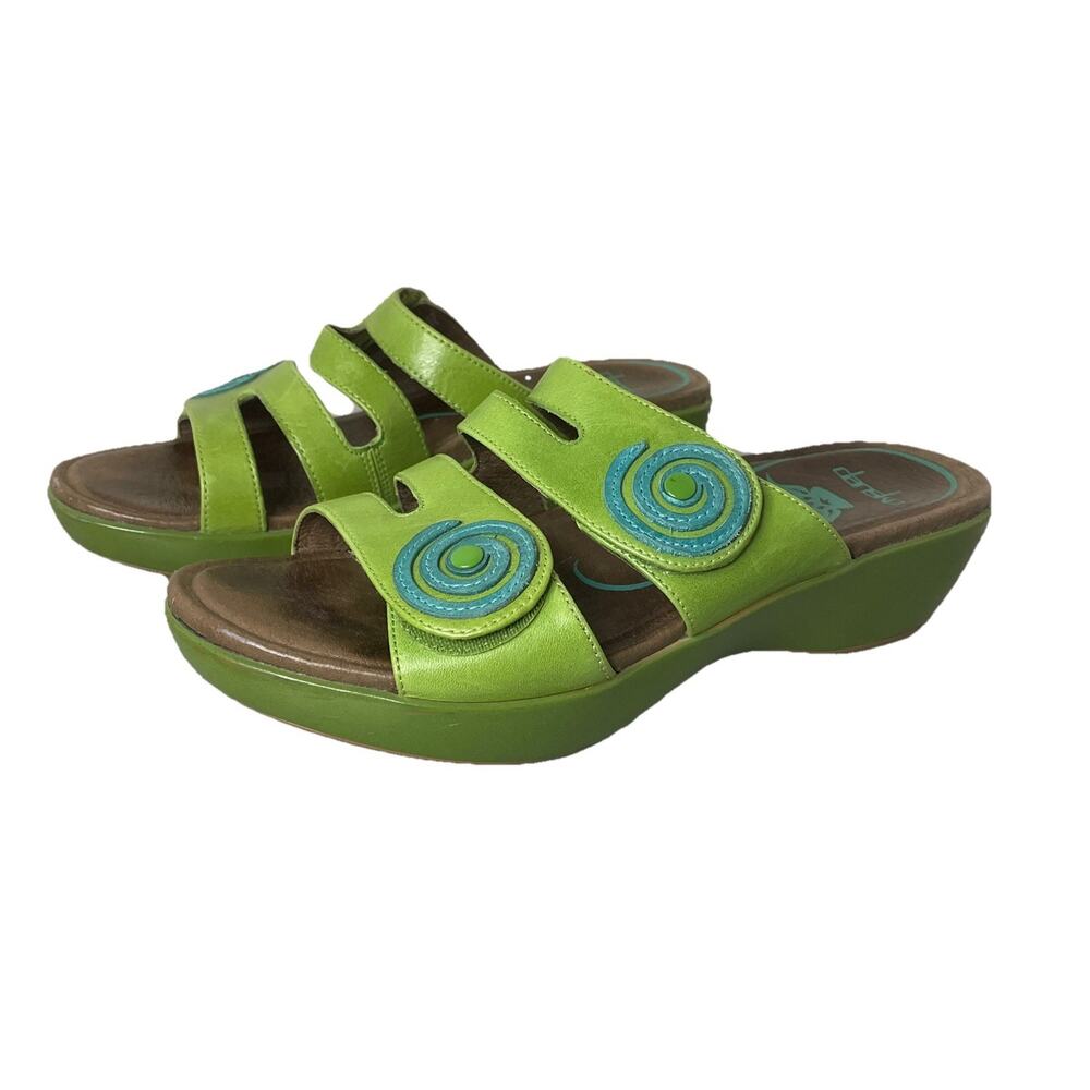 Dansko, Green & Turquoise Slip On Wedge Sandals Geometric Design Retro Sz 36 / 6
